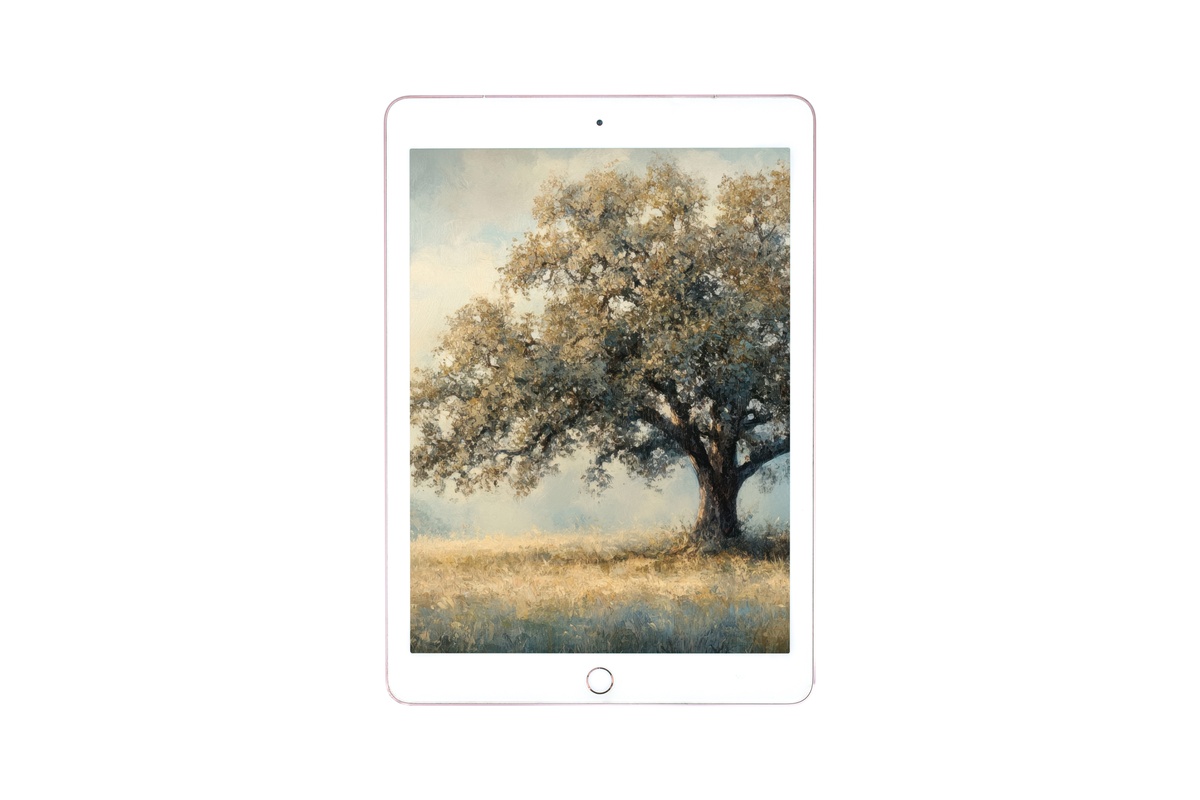 Eternal Embrace Oak Majesty vintage iPad wallpaper with warm ochre tones