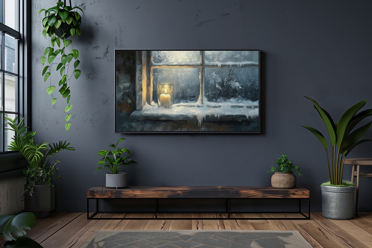 Cozy Winter Evenings Glow Frame TV Art — candlelit window scene in amber and ivory
