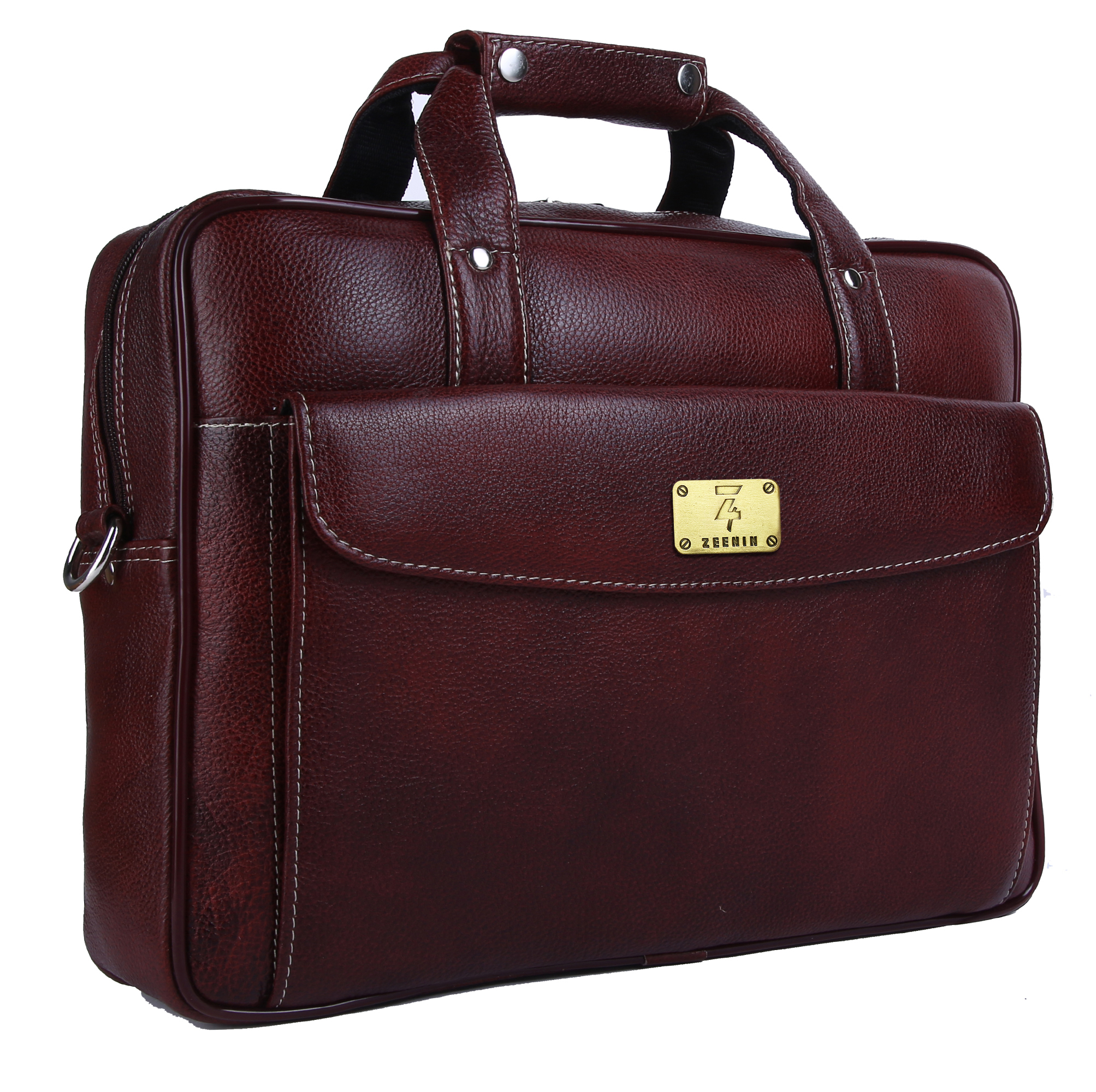 Zeenin Pure Genuine Leather 14.5 Inch Briefcase Laptop Messenger Satchel Office Bag, Dark Brown