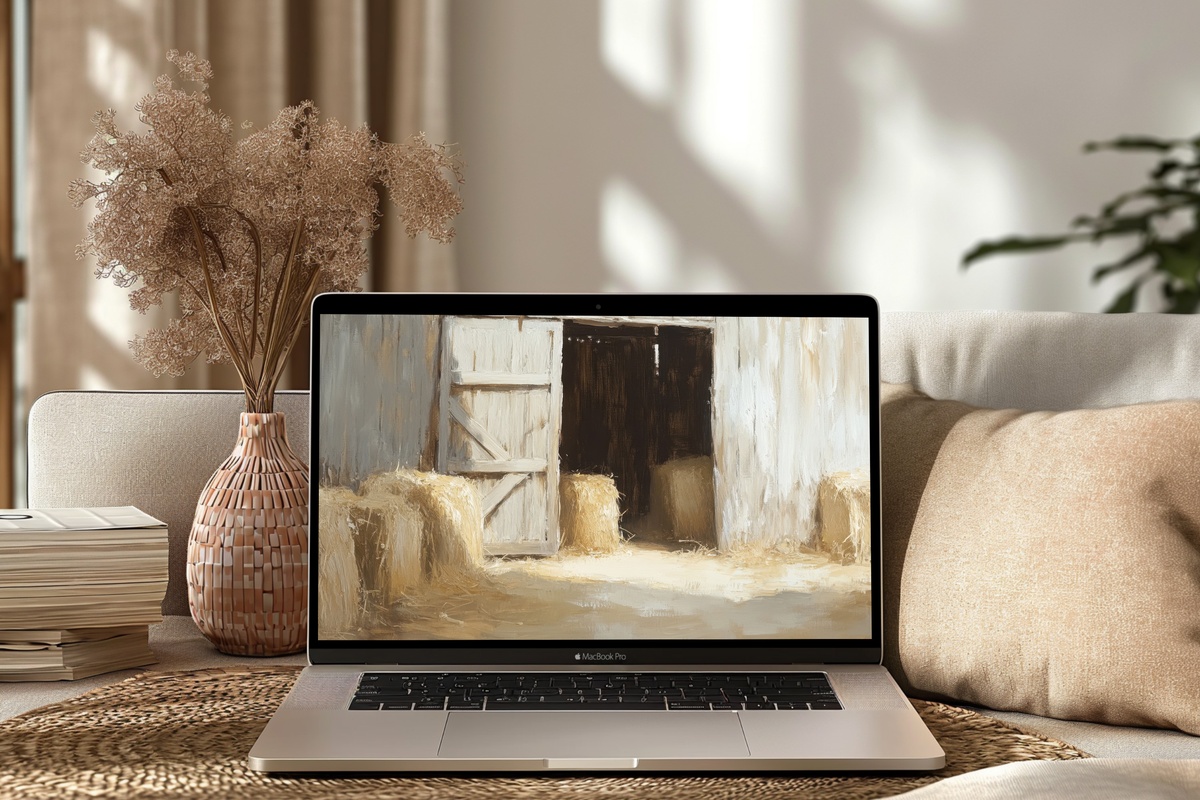 Hay-Lined Barn Door Charm desktop wallpaper with impressionist barn doors and golden hay foreground
