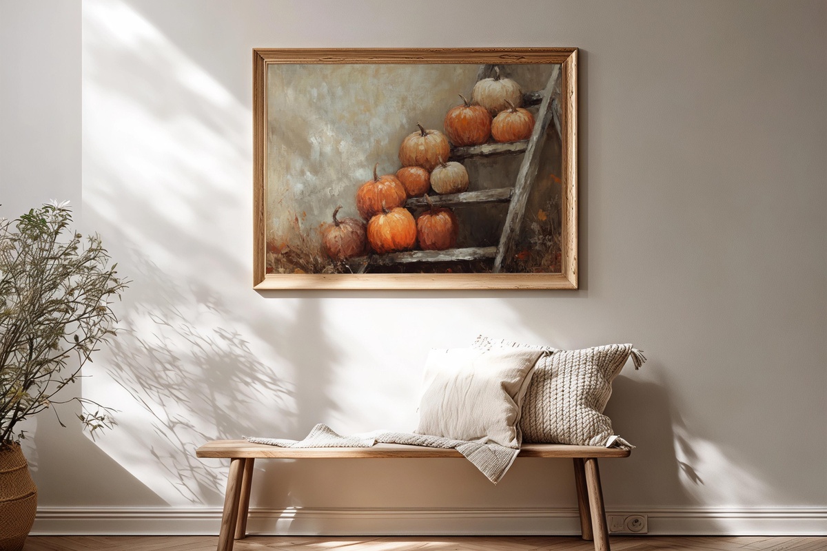 Pumpkin and Ladder Whimsy Farmhouse Printable Wall Art with autumn pumpkins and weathered ladder