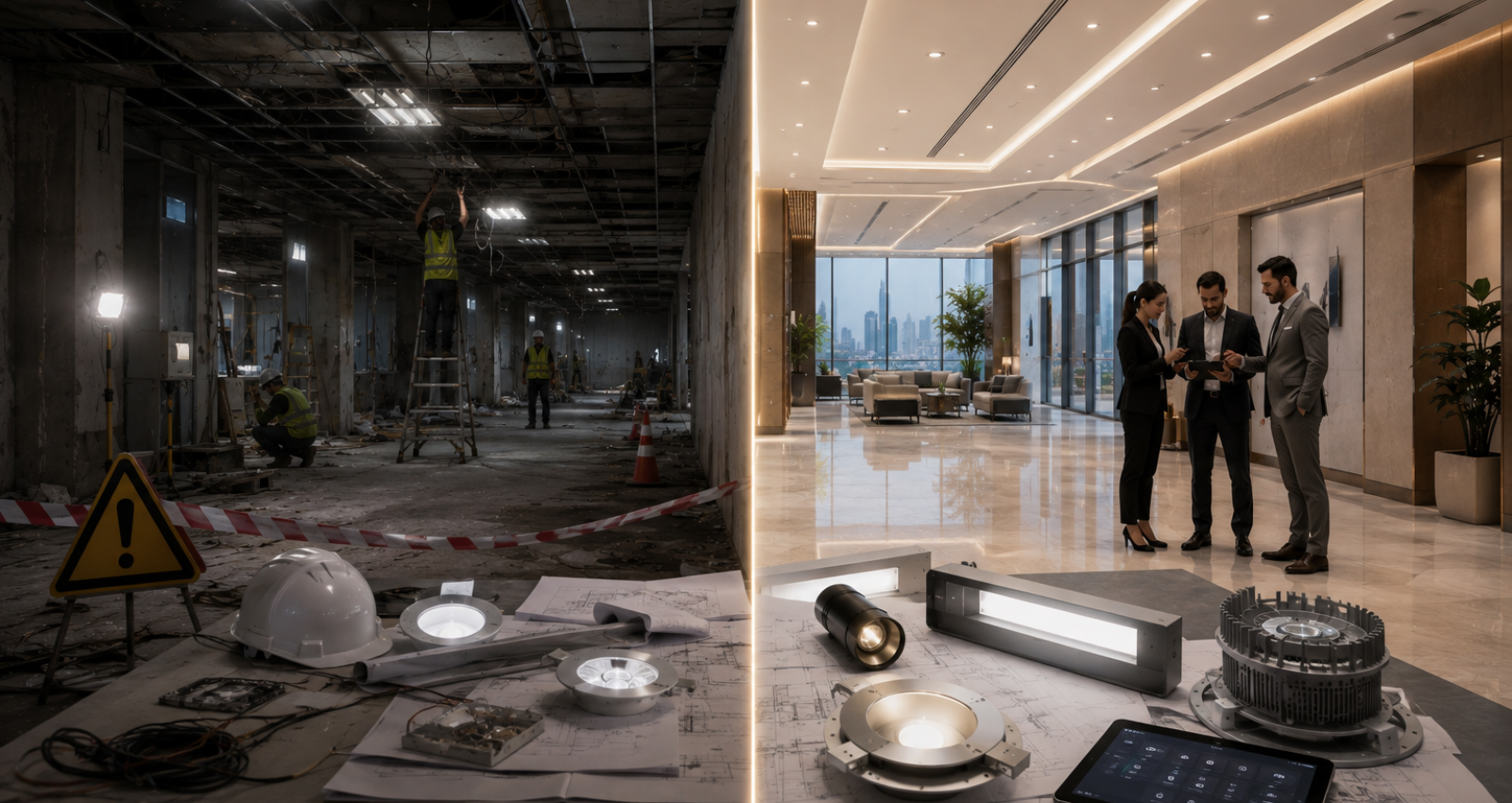 Untitled-design-(15).jpg Comparison of poor commercial lighting installation versus professional lighting design in a modern building.