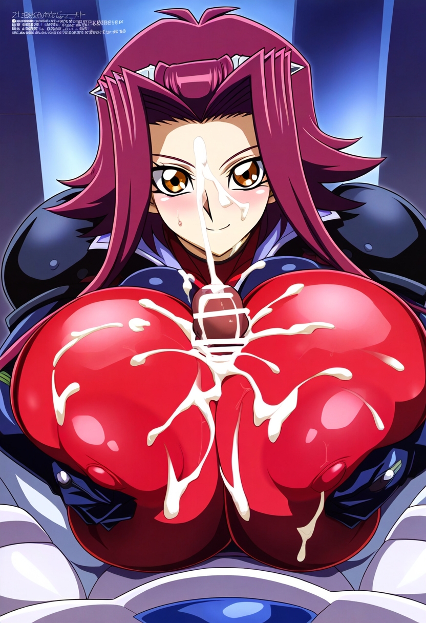 アキさんズリ by ななな with ai art, aki izayoi, huge breasts, tight bodysuit, paizuri, clothed paizuri