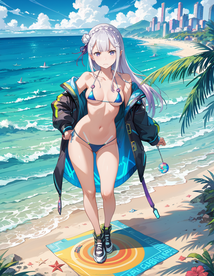【リゼロ】 エミリアのマイクロビキニ by いすこ with ai art, swimsuit, Emilia, cum dump, Re:Zero, Emilia (Re:Zero), M-shaped legs