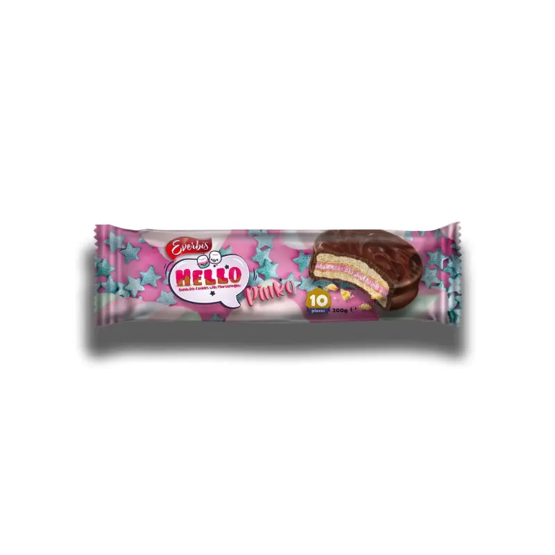 Ciasteczka glazurowane z nadzieniem pianki marshmallow o smaku truskawkowym Hello Pinko “KBF” 180g