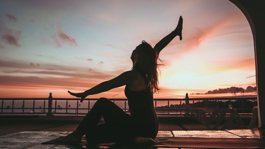 Personne pratiquant le yoga au coucher du soleil, illustrant l'importance de l'exercice physique pour retrouver le sommeil naturellement.