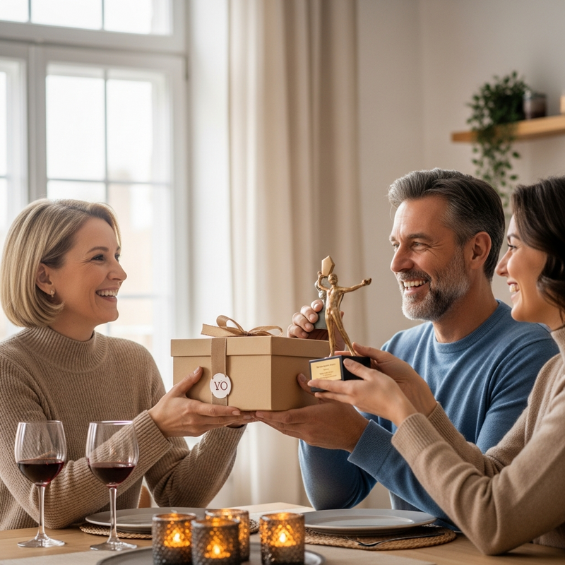 Pareja adulta abriendo un regalo de bronce durante su aniversario en casa con luz natural cálida Pareja adulta abriendo un regalo de bronce durante su aniversario en casa con luz natural cálida