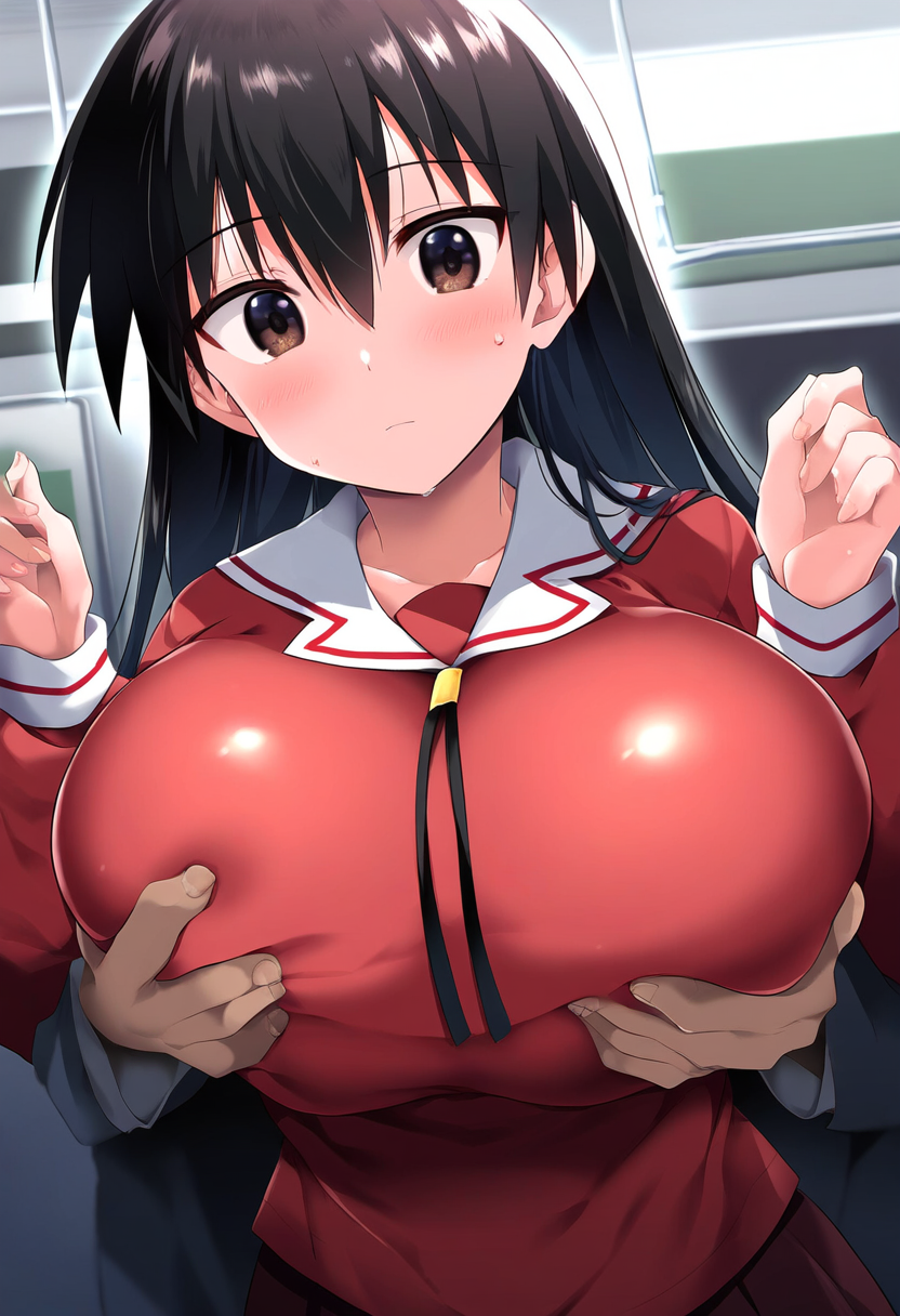 榊さん 痴漢 by ケイ with ai art, azumanga daioh, Sakaki-san, large breasts, molester, tit massage, breast groping from behind