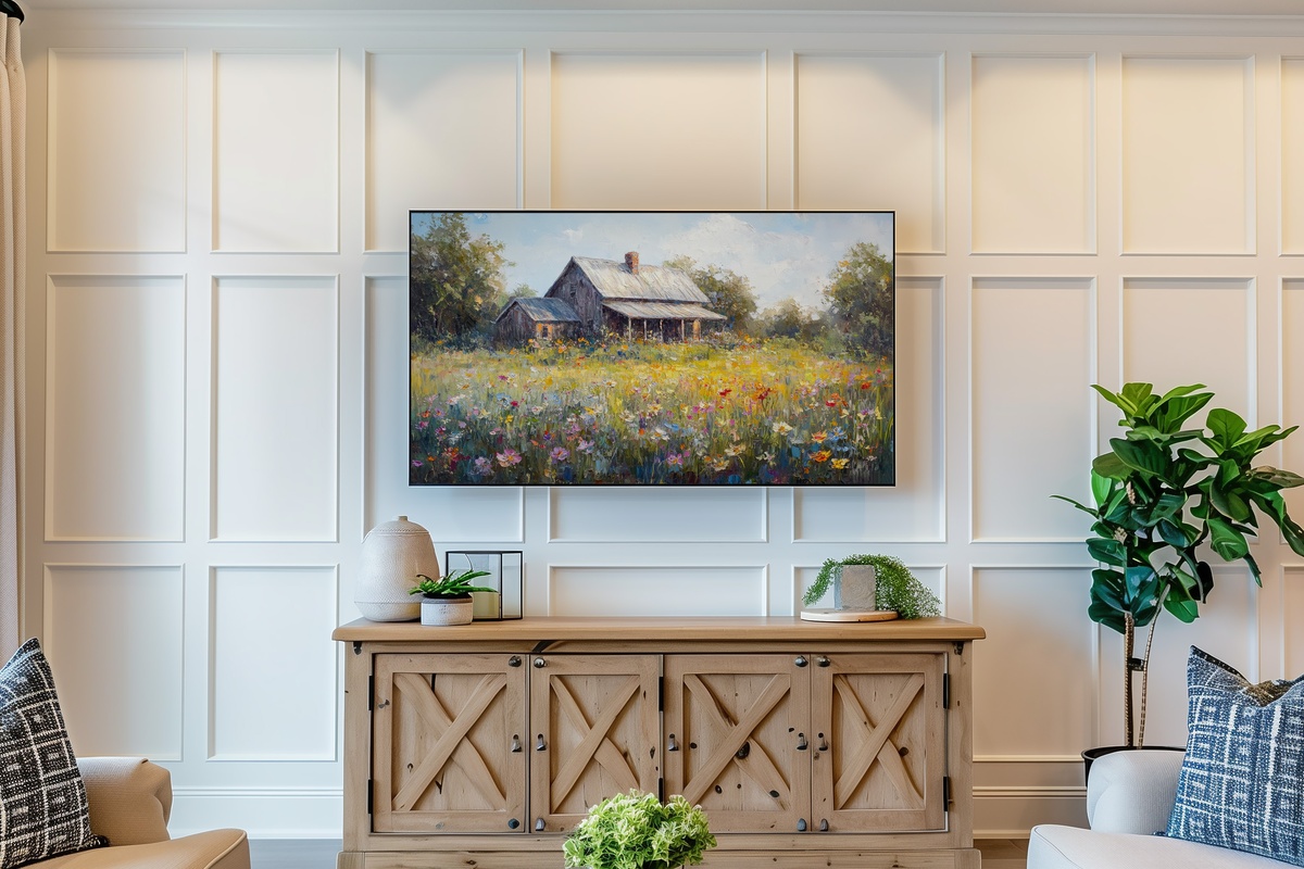 Wildflower Haven Tranquility - Vintage Frame TV Art with farmhouse amid wildflowers
