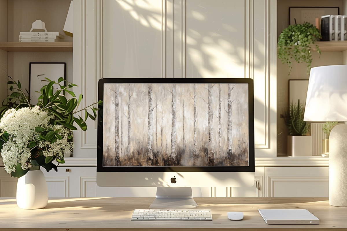 Whispering Winds of Time Vintage Desktop Wallpaper - impressionist ancient forest grove in muted greens and taupe