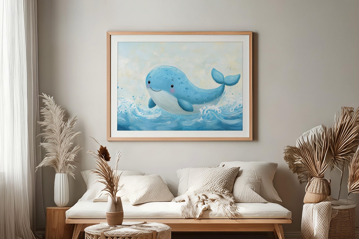 Joyful Whale Ocean Soiree Nursery Printable Wall Art with cartoon whale ocean scene