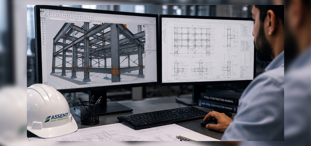 main2.jpg Structural engineer at a dual-monitor workstation reviewing 3D BIM models and 2D technical drawings for a steel structure.