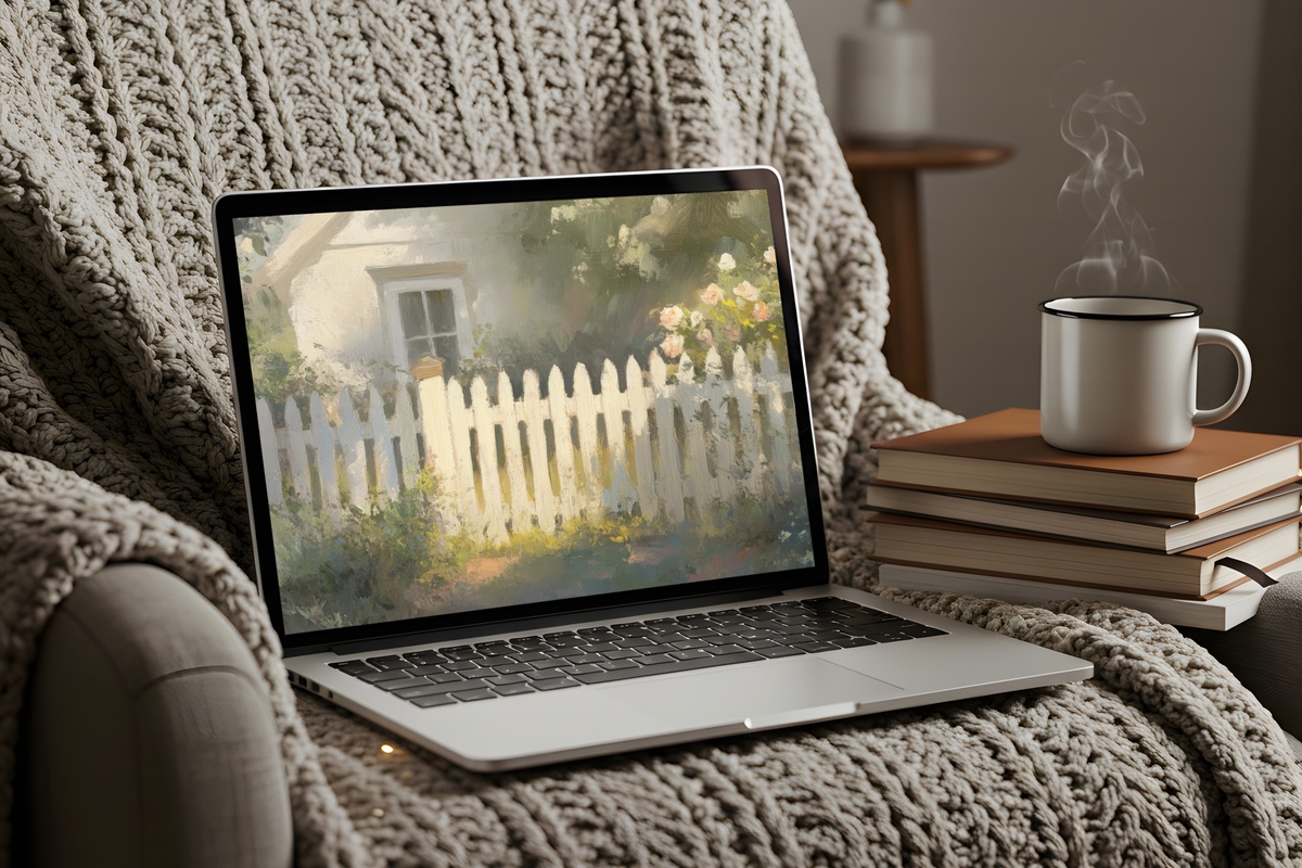 Picket Fence Garden Serenity farmhouse desktop wallpaper — cottage garden with white picket fence in bloom