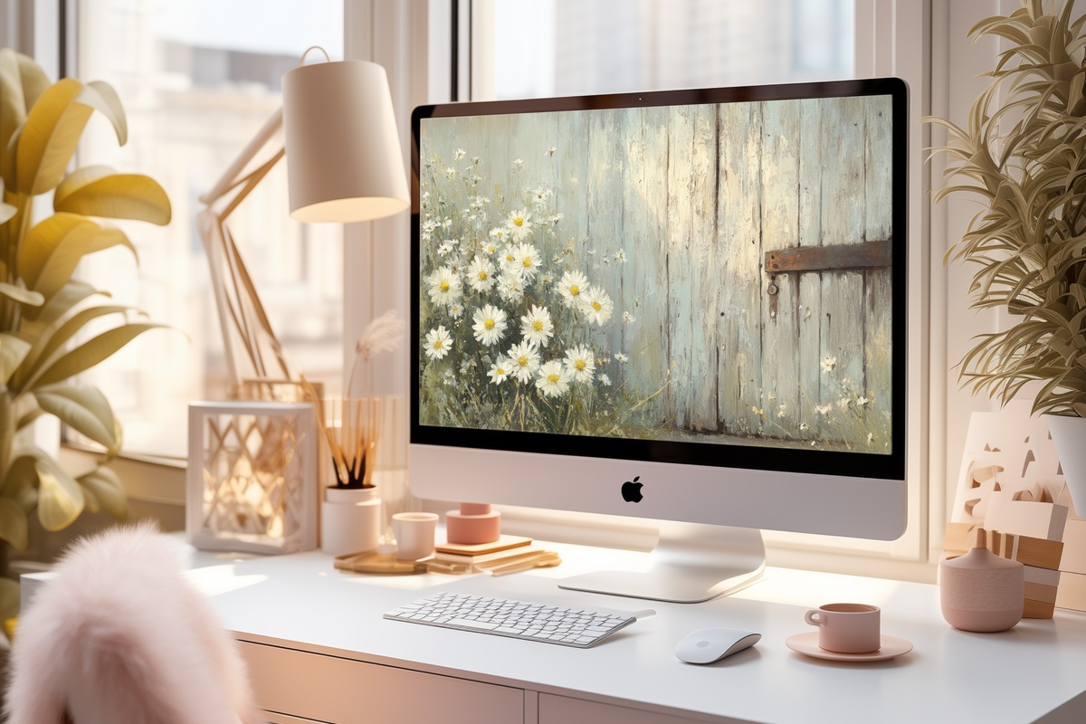 Daisy-Brightened Barn Entry desktop wallpaper with blooming daisies beside a rustic barn door