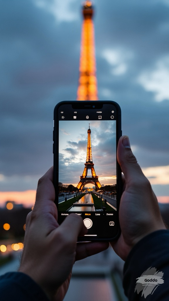   a person holding an iPhone with the Eiffel Tower in Paris, France visible on its screen. The photo was taken at dusk and has a wide-angle perspective captured from behind by another individual's hand holding up their phone to take pictures of the tower