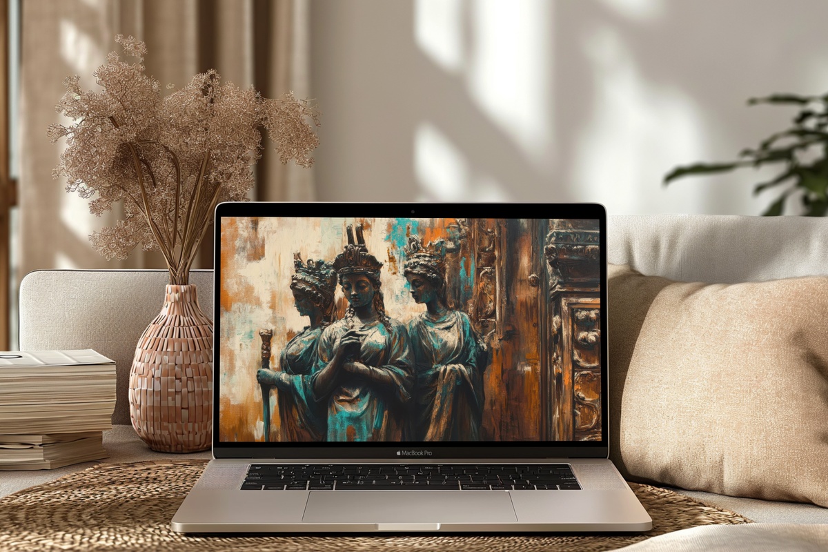 Bronze Bohemian Elegance Desktop Wallpaper featuring antique bronze figurines in boho style