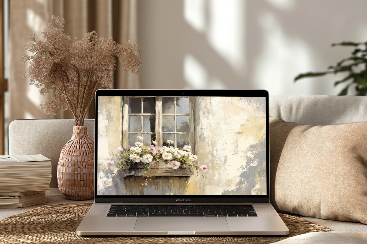 Blooming Farmhouse Window View desktop wallpaper — farmhouse window surrounded by blooming flowers