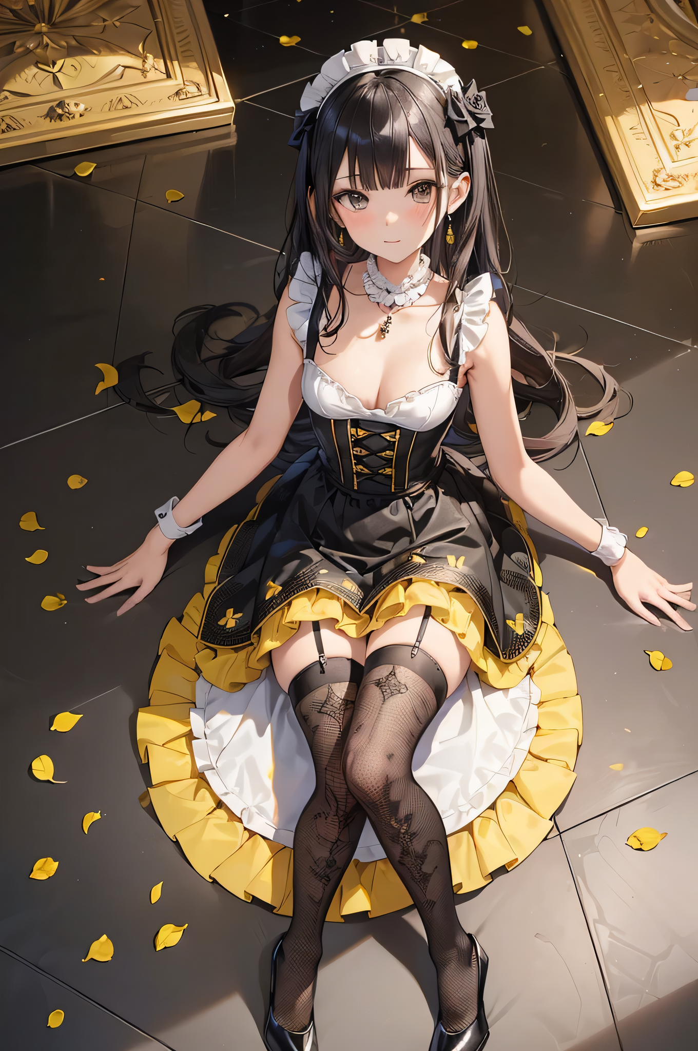 カラフルなメイド by アスヘノキボウ with maid, stockings, high heels, ai art, panchira, cleavage, bewitching thighs, beautiful girl, garterbelt