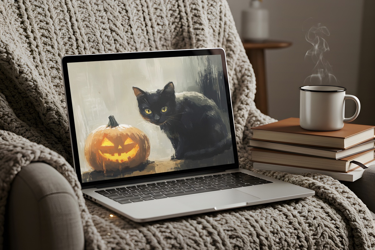 Pumpkin Glow and Black Cat Halloween Desktop Wallpaper