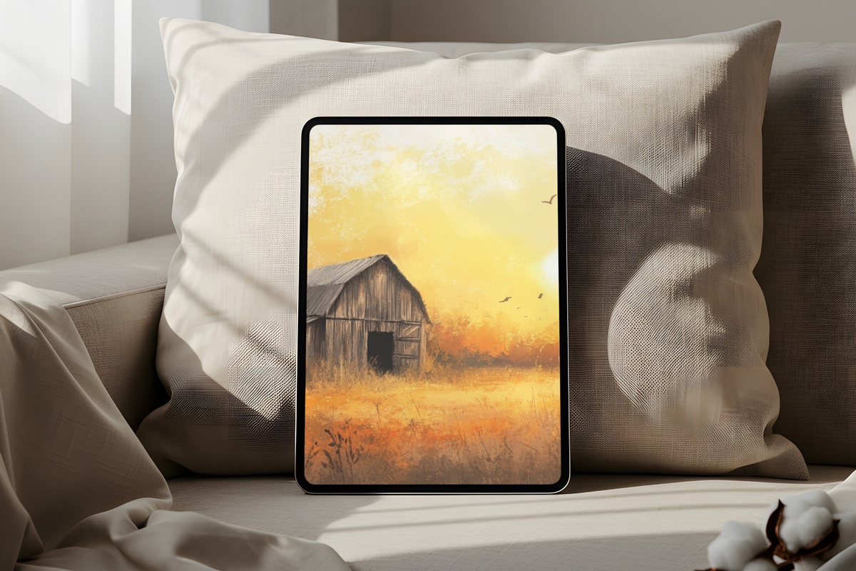 Sunset on Rustic Barn Glow farmhouse iPad wallpaper in soft ochre sunset tones