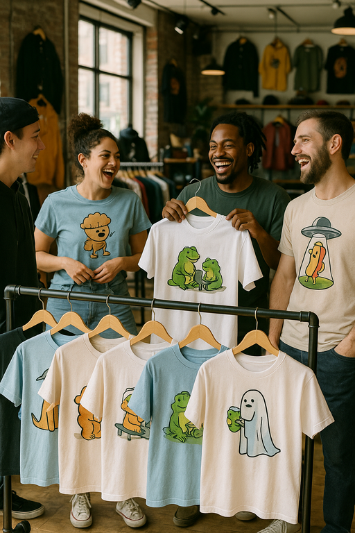 Diverse group wearing stylish funny graphic T-shirts in urban setting