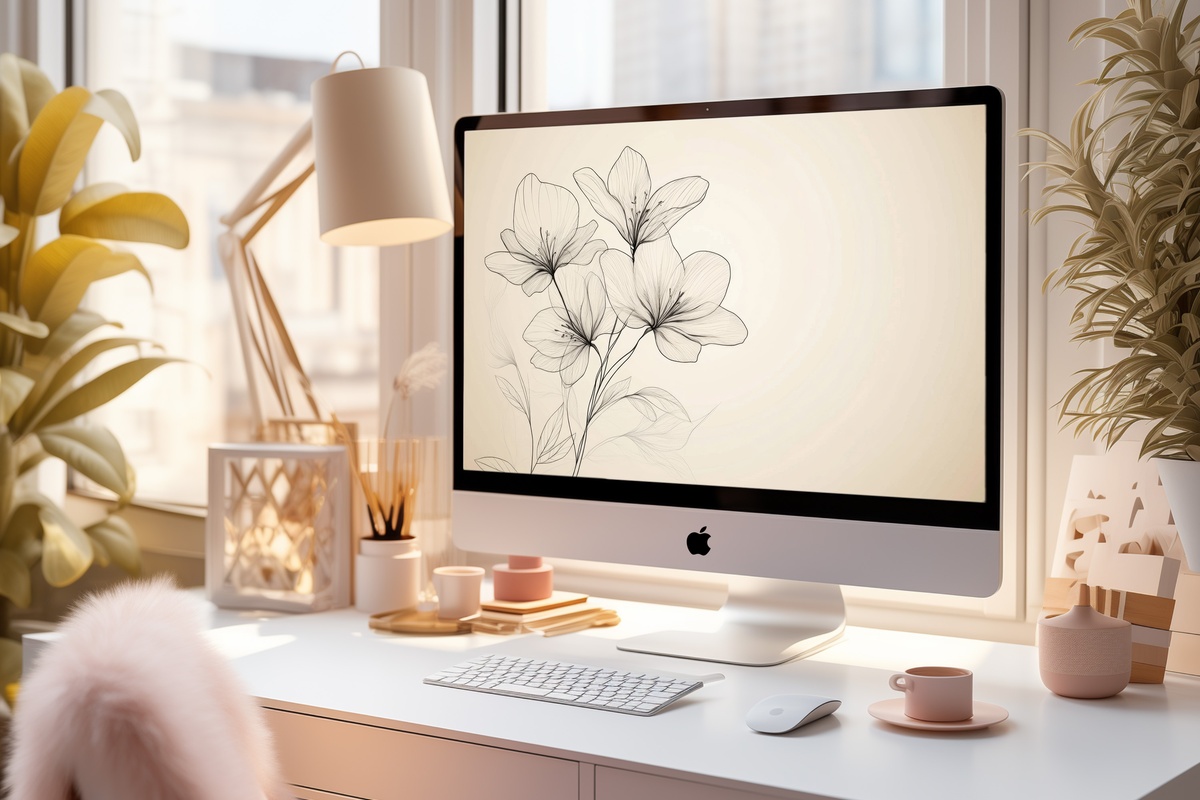 Beige Florals in Outline Grace Floral Desktop Wallpaper