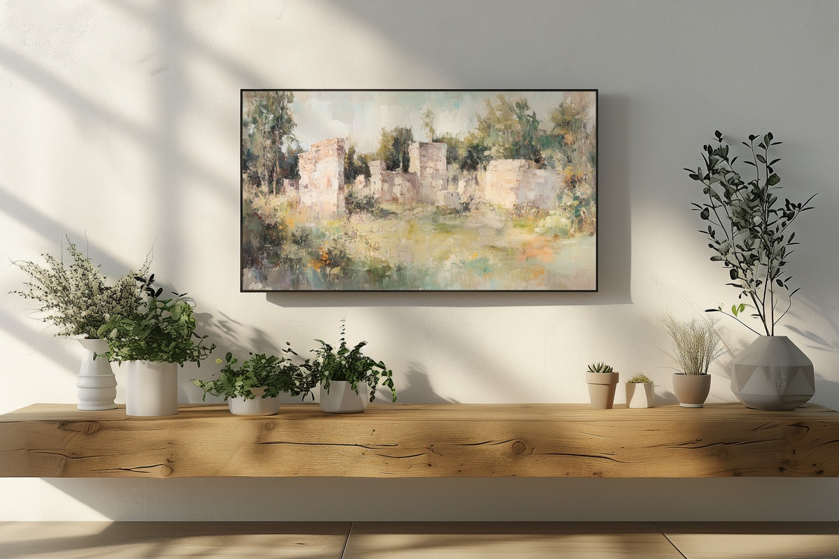 Timeless Echoes Among Ruins - Vintage Frame TV Art featuring ancient ruins in a lush field