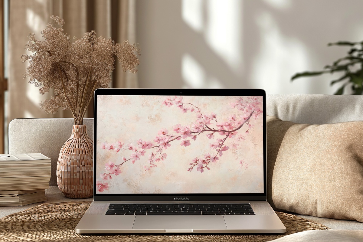 Springtime Cherry Blossom Dance floral desktop wallpaper with dancing cherry blossoms