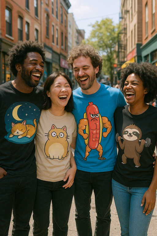 Diverse group wearing stylish funny graphic T-shirts in urban setting