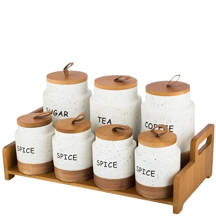 Set especiero con base cerámica/bambú, 36cm - 8 frascos
