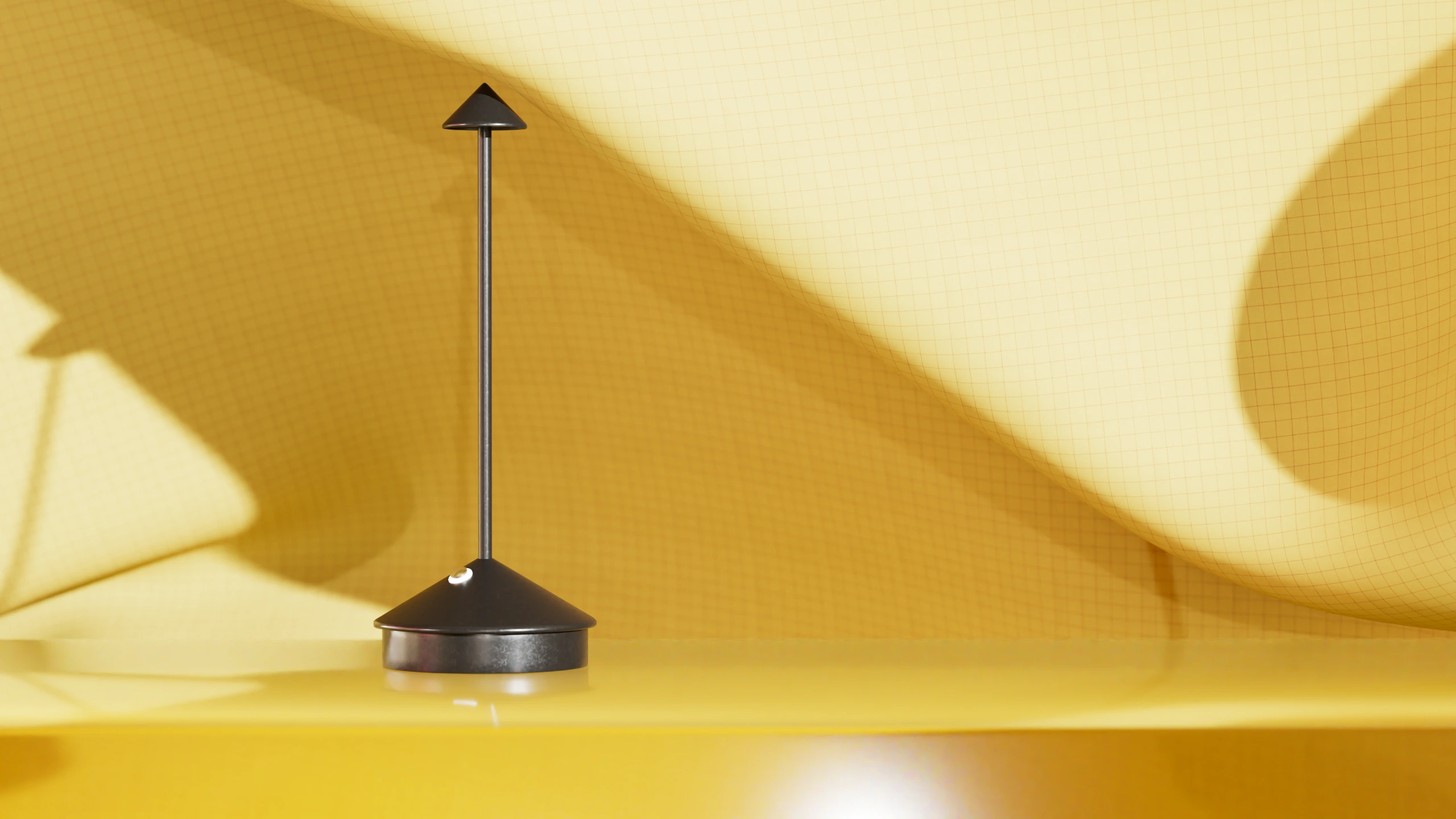 3D rendered minimalist black table lamp with triangular shade and slim stem on a yellow shelf against a warm yellow grid background Unda home goods concept