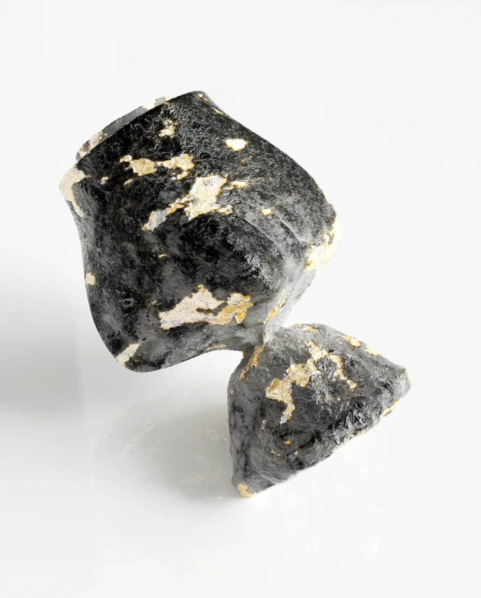 3D rendered abstract sculpture of two black stone forms with gold mineral veining balanced together on a white surface