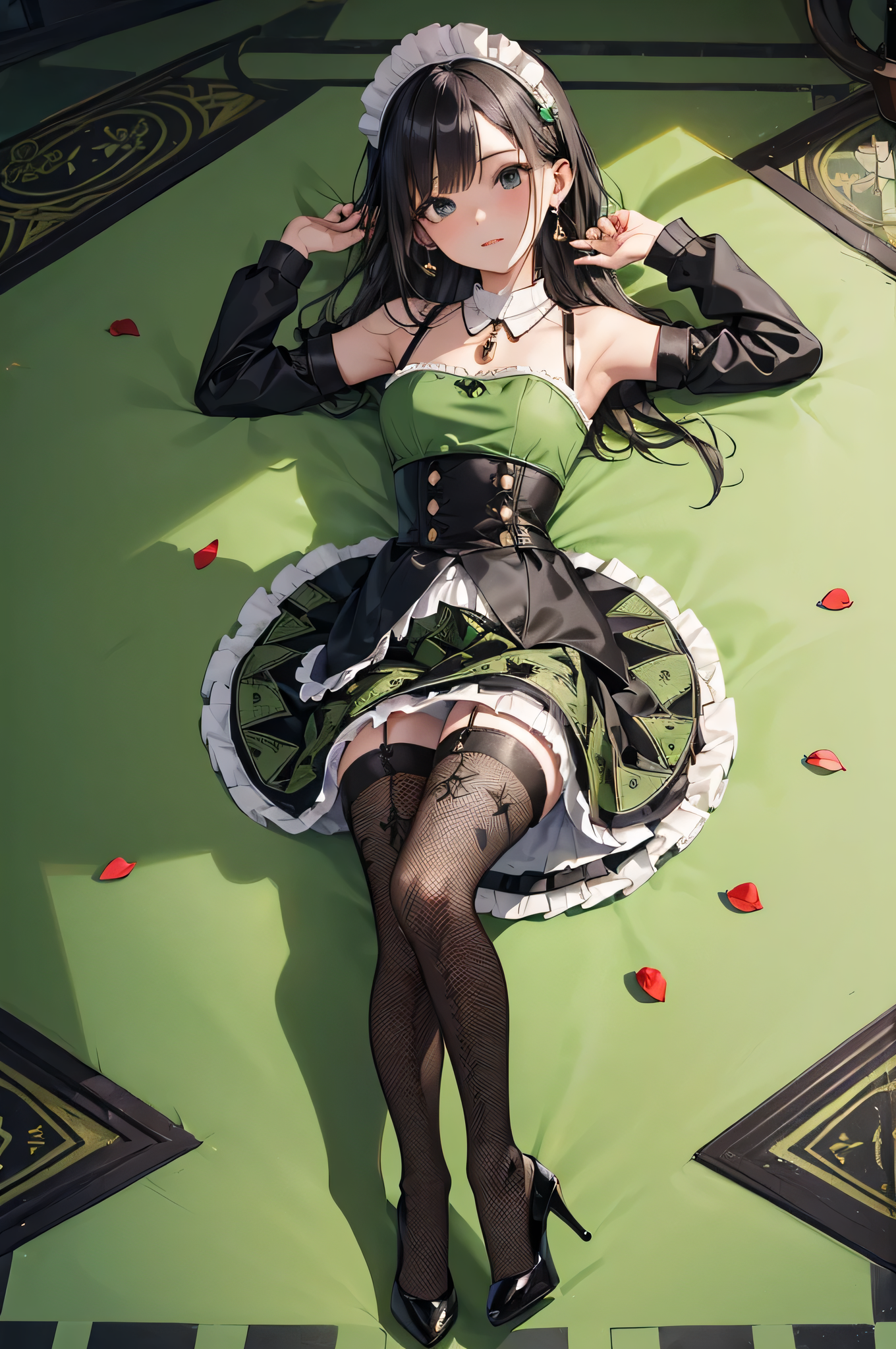 カラフルなメイド by アスヘノキボウ with maid, stockings, high heels, ai art, panchira, cleavage, bewitching thighs, beautiful girl, garterbelt