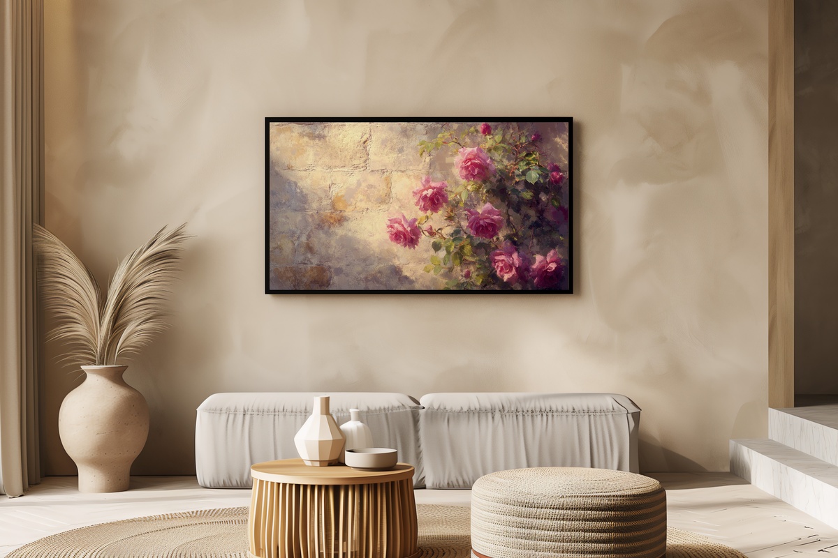 Roses in Walled Sanctuary Vintage Frame TV Art — blooming roses in a walled garden