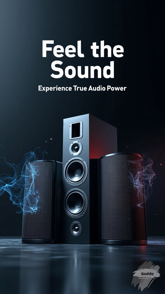 A high-end speaker system set against a dark, sophisticated background, with subtle light highlighting its sleek, modern design. Sound waves are visually represented emanating from the speakers, creating a dynamic and immersive feel. The text "Feel the Sound" is written in bold, impactful letters at the top. The tagline "Experience True Audio Power" is placed below, focusing on the speaker’s unparalleled sound quality.
