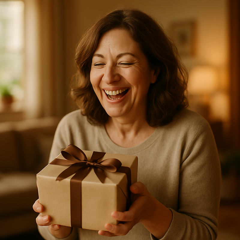 Femme recevant un cadeau entièrement emballé avec ruban dans un salon cosy, lumière naturelle douce