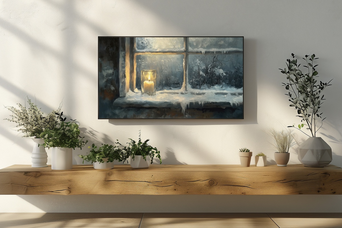 Cozy Winter Evenings Glow Frame TV Art — candlelit window scene