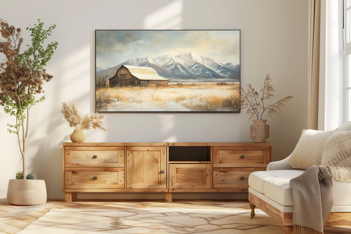 Snowy Barnscape Tranquility Farmhouse Frame TV Art