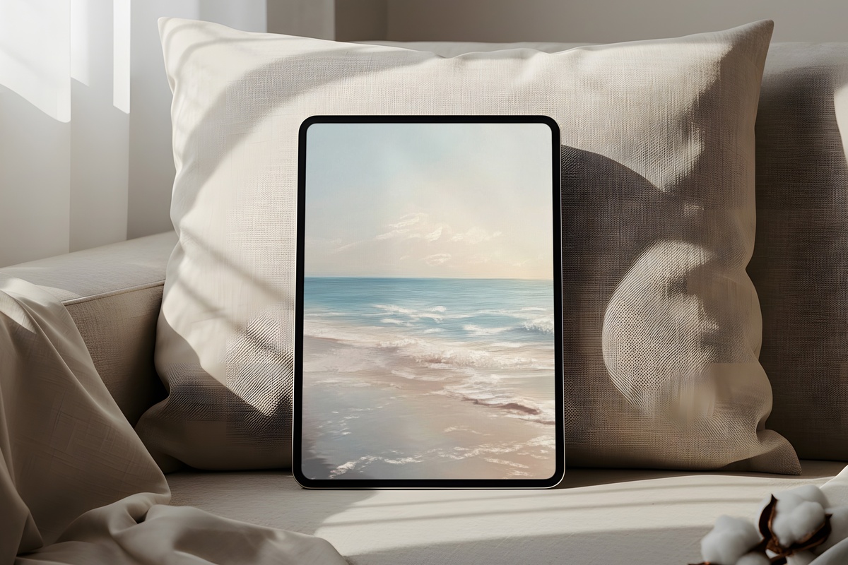 Gentle Waves in Sunlit Caress iPad Wallpaper - warm neutral coastal landscape