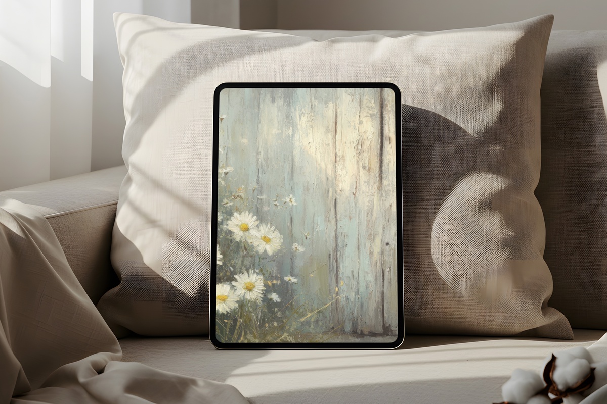 Daisy-Brightened Barn Entry farmhouse iPad wallpaper in soft blue and cream