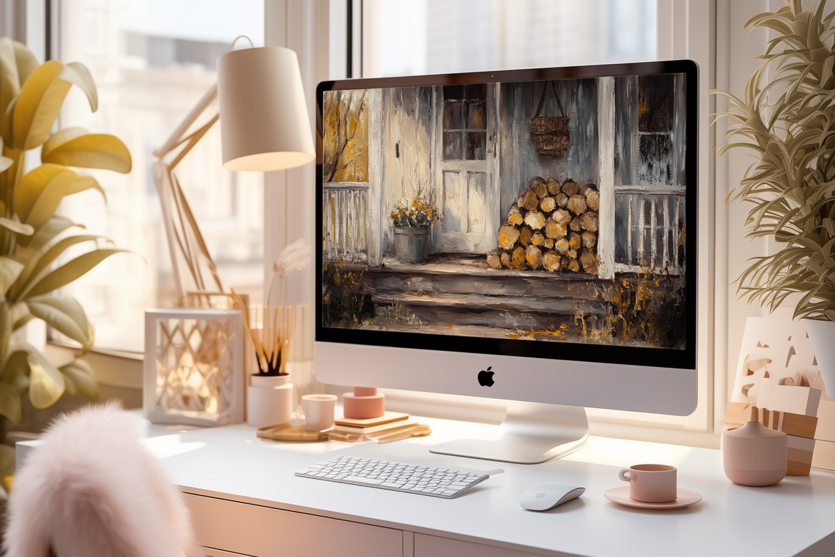 Firewood-Strewn Farmhouse Porch desktop wallpaper — stacked firewood on a weathered farmhouse porch