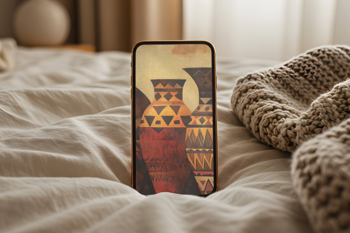 Patterned Pottery Whimsy boho iPhone wallpaper with terracotta and cream motifs