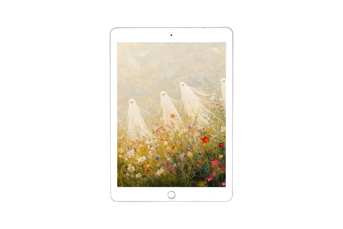 Ghosts Frolic in Wildflower Meadow Halloween iPad Wallpaper