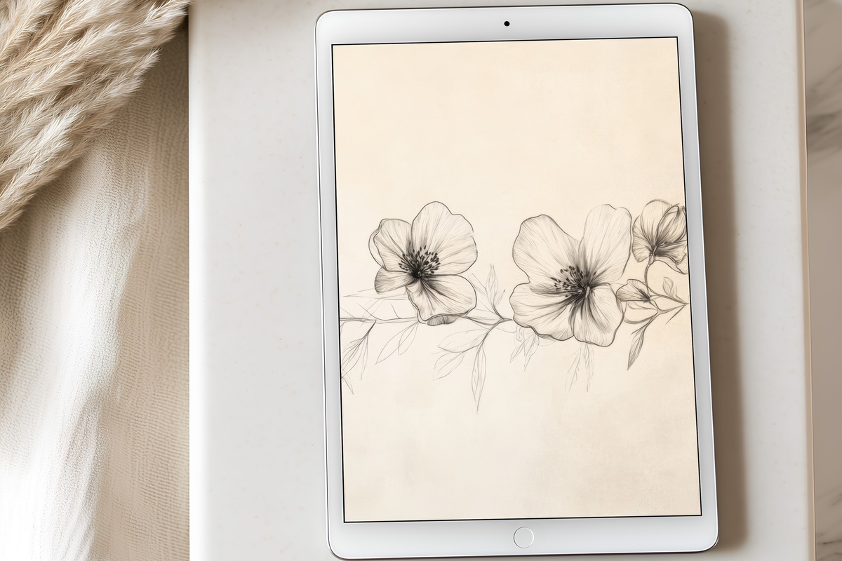 Minimalist Floral Line Dream iPad Wallpaper — sparse botanical line art on a soft ground