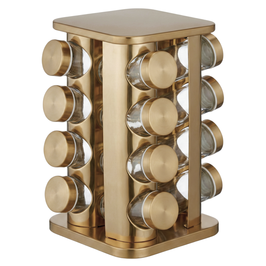 Set especiero giratorio 16 frascos + base, acero inoxidable/vidrio, 27x16cm