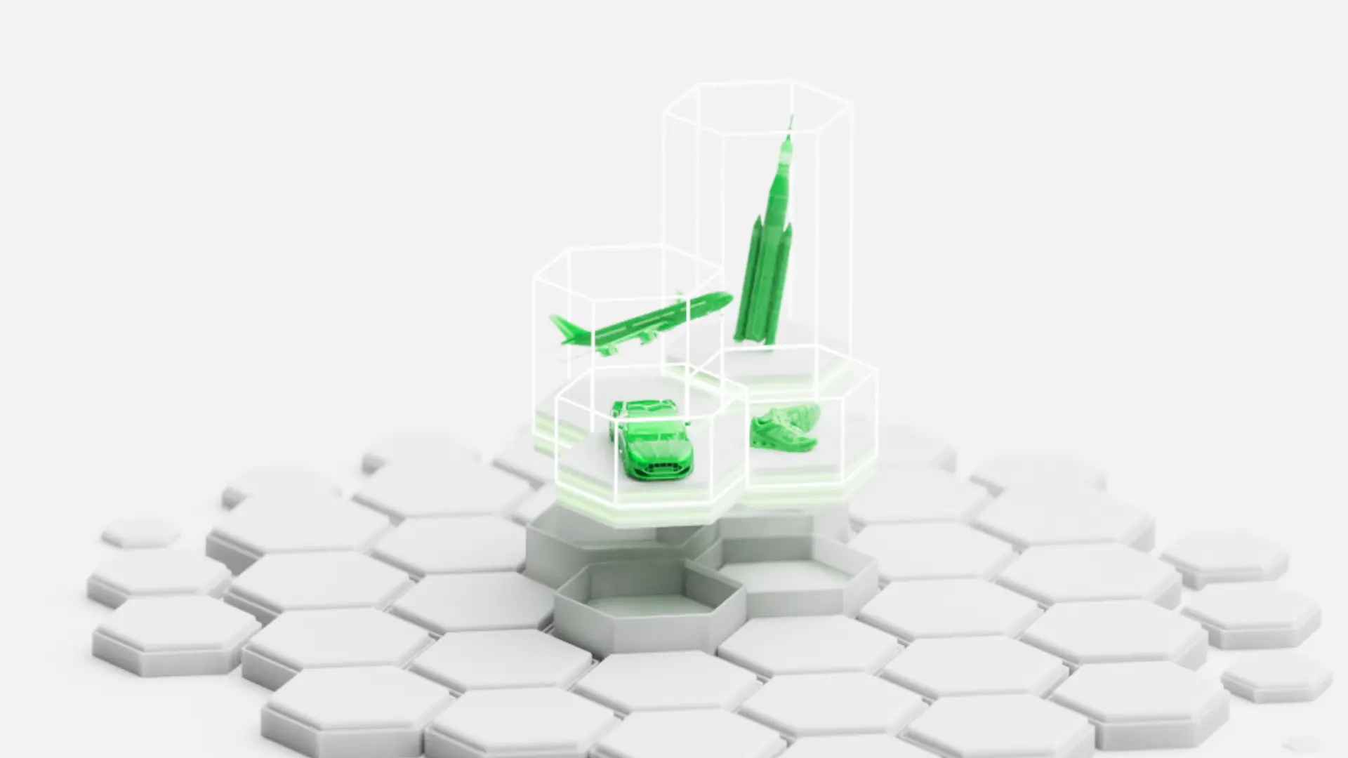 3D rendered PTC SaaS platform visual showing green industry icons including an airplane a car and a building displayed in glowing hexagonal modules on a white hexagonal grid surface