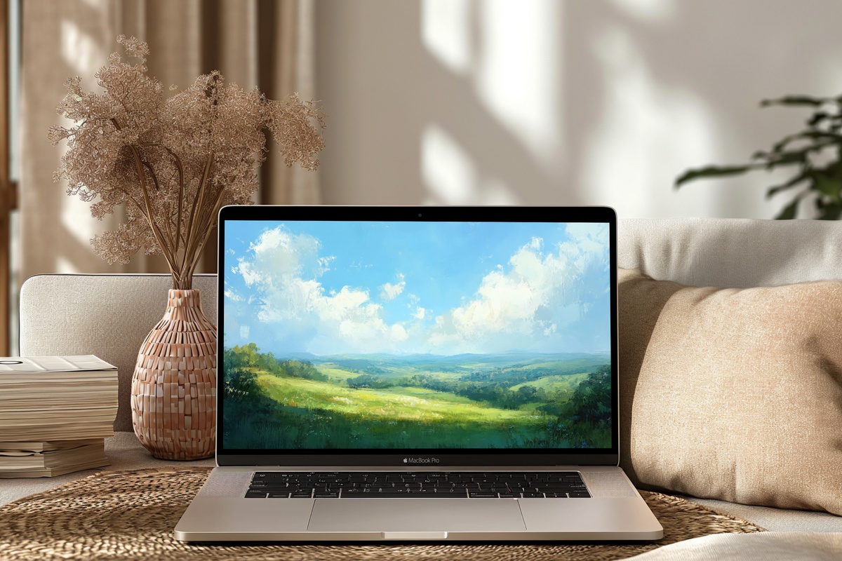 Valley Harmonized in Blue landscape desktop wallpaper with sweeping valley and blue sky
