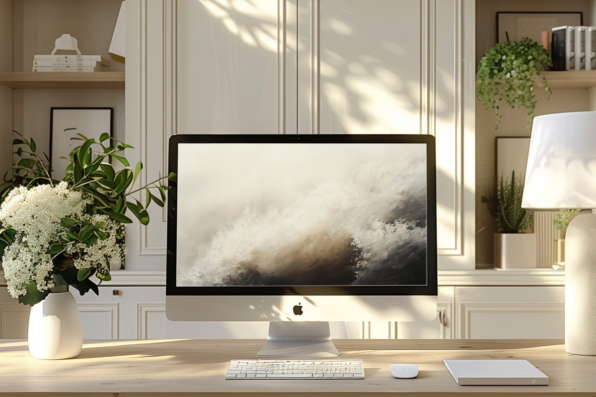 Stormy Coastal Elegance desktop wallpaper with impressionist coastal storm in grey and navy