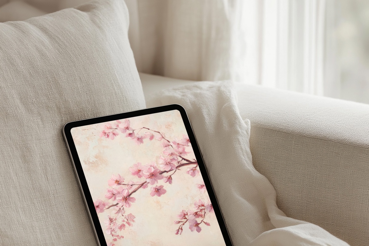 Springtime Cherry Blossom Dance floral iPad wallpaper in pastel tones