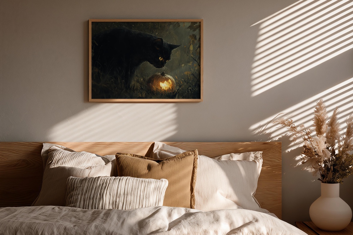 Mystical Black Cat and Pumpkin Halloween Printable Wall Art